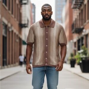 Massive Luxury Knit Polo Shirt Mens XL Brown Striped Crochet Button Up Cotton